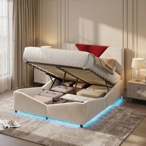 Lit coffre 160x200 cm avec éclairage LED et sommier à lattes - Design bicolore - Revêtement Velours - Beige (1/5)