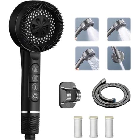 Pommeau de douche haute pression anti-calcaire, 4 fonctions, avec flexible 1,5m et support, douche économique et massante (Noir) (1/5)