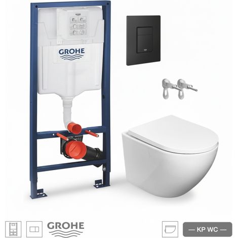 BASTIDOR GROHE PACK CISTERNA EMPOTRADA Y PULSADOR NEGRO MATE CON INODORO SUSPENDIDO ROUND SMART 52cm TOR 3 CON ASIENTO FINO KP