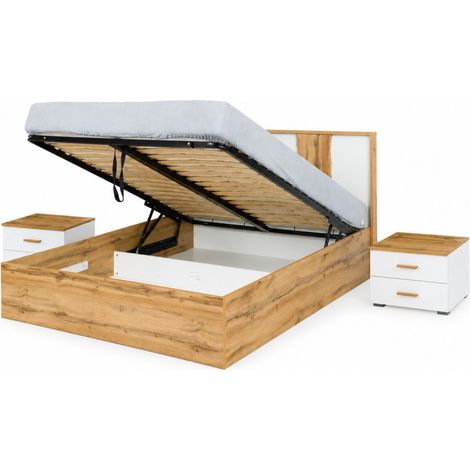 Pack lit coffre WOOD 180 x 200 cm avec 2 chevets – Blanc et chêne – Ensemble chambre moderne