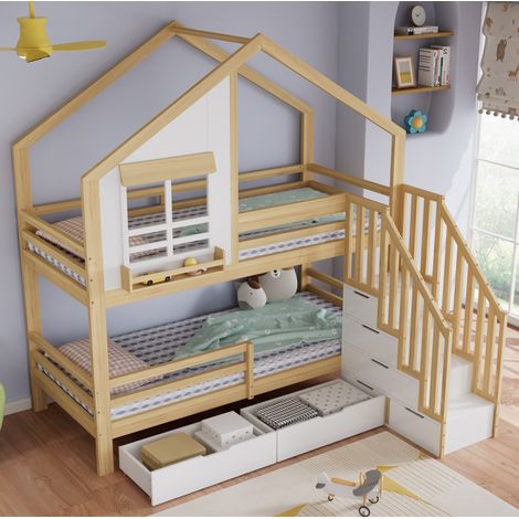 DESVIAE Lit superposé enfant avec escalier sécurisé rangements et deux tiroirs à roulettes détails fenêtre bois pin MDF blanc naturel 90 x 200 cm (1/5)