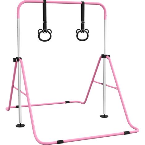 Barre de gymnastique enfants réglable 5 niveaux avec anneaux, pliable, rose