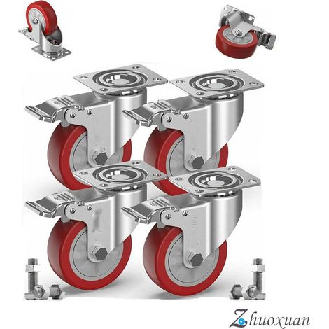4 Lenkrollen für Möbel mit Bremse + Schrauben – 100 mm bis 600 kg – spurlose Bodenrolle für schwere Last – Gummirad für Trolley – Silber (1/5)