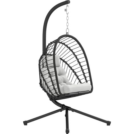 Outsunny Outdoor PE Rattan Swing Chair with Foldable Basket and Cushion, Garden Patio Hanging Egg Chair with Metal Stand, Headrest for Indoor and Outdoor, Black