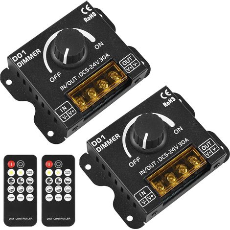 Lot de 2 variateurs LED DC 12 V 24 V pour bandes LED, 30 A, variateur PWM LED avec télécommande, bouton d'intensité pour régler la luminosité, régulateur de luminosité pour bande lumineuse (1/5)
