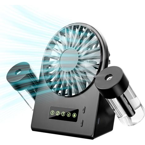 Ventilatore da tavolo portatile con 2 umidificatori a spruzzo, mini ventilatore USB con 4 velocità del vento regolabili, piccolo ventilatore silenzioso con display a LED per casa e ufficio - Nero (1/5)