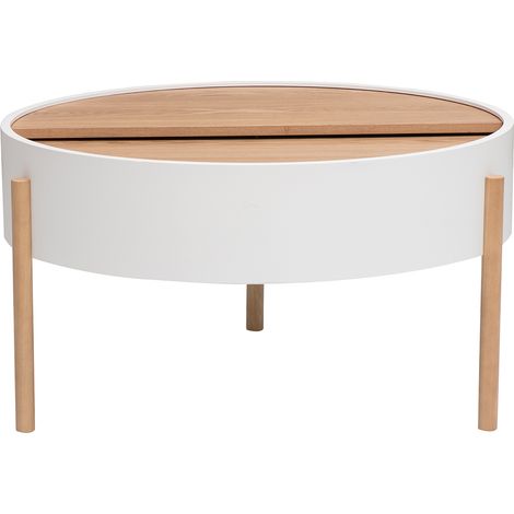 Runder Couchtisch in Weiß und hellem Eschenholz mit drehbarer Platte und Stauraum D80 cm YOLINE