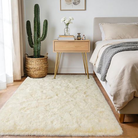 1 Tapis Poil Long 120x160cm, Microfibre Douce, Dos Antidérapant, Salon Chambre Enfant Beige
