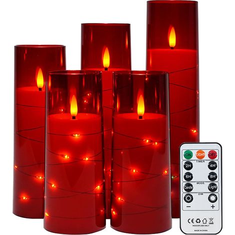 Velas LED sin parpadeo, a pilas (5 unidades), LED acrílicos, con mando a distancia, perfectas para la decoración de interiores (rojo).
