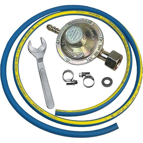 4-piece regulator hose kit (gas, LPG) kitchen, barbecue, stove: 1 hose + 1 regulator + 2 clamps + 1 wrench: pressure 20/60 bar (1/5)
