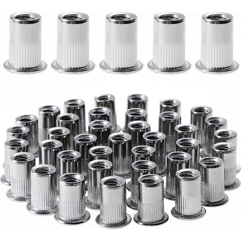 100 pièces M6 écrou à rivet fileté à tête plate,écrous à riveter fileter en acier inoxydable,assortiment inserts filetés pour mental plastique (12 mm × 15 mm) (1/4)