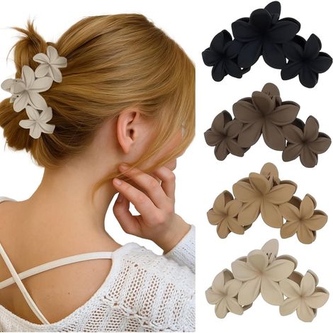 Lot de 4 pinces à cheveux - grande pince griffe - joli motif floral - pour cheveux lisses et bouclés - antidérapantes - pour adolescentes et femmes - noir, marron foncé, marron clair, kaki - 10 x 5 x (1/4)