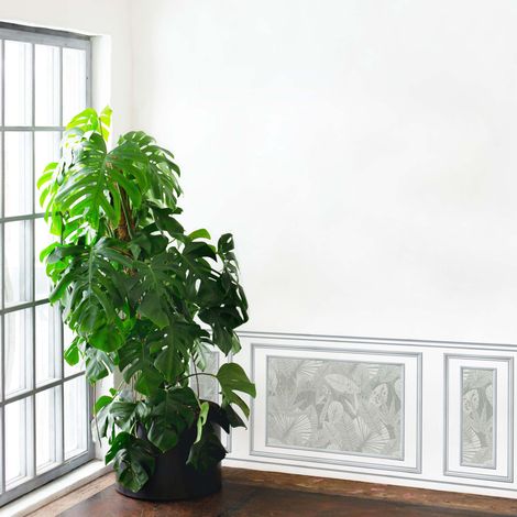 Papier peint intissé tropical, motif feuille sur fond vert, imitation boiseries, 75 cm X 200 cm, décor unique. (1/2)