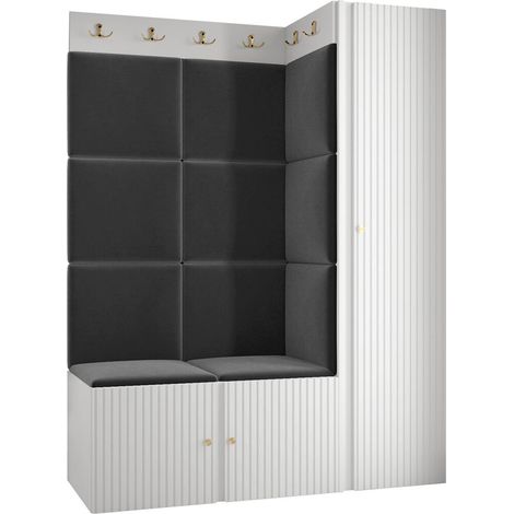 Meuble d'entrée Hartford 385, Blanc, 186x124x46cm, Stratifié, Tissu, MDF, Murale, À poser