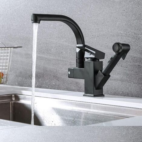 Mitigeur de cuisine noir flexible extractible – Acier inoxydable sans plomb – Bec à ressort – Installation facile – Compatible eau chaude et froide (1/5)