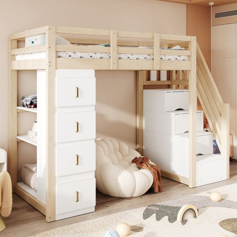 Letto a soppalco 90x200 cm legno naturale in pino massello con 4 cassetti e scala sicura (1/5)
