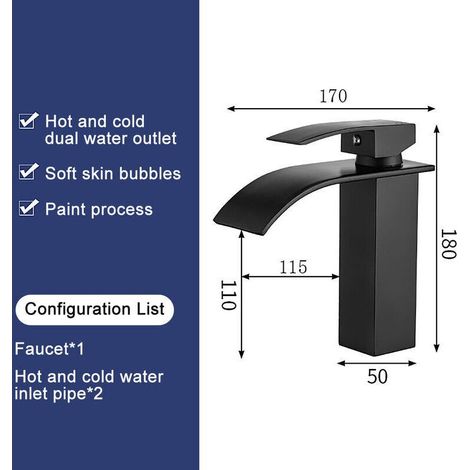 Robinet de lavabo à deux arrivées d'eau (chaude et froide), design cascade moderne, corps de vanne robuste en cuivre noir. (1/3)