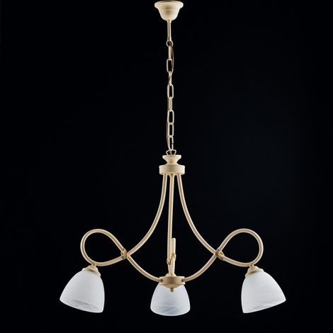 Lámpara de araña de hierro marfil decape tres luces pantallas de cristal blanco 58x h52 cm