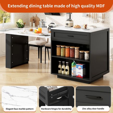 Table haute extensible noire en MDF avec tiroir, deux compartiments et étagères latérales pour cuisine, salle à manger et intérieur (1/5)
