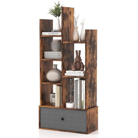 COSTWAY Bücherregal im Baumform, mit Schublade, Standregal mit 7 Fächern, Aufbewahrungsregal für Wohnzimmer, Schlafzimmer, 53 x 24 x 118 cm Vintagebraun (1/5)