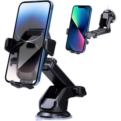 Support universel pour téléphone de voiture (noir) avec ventouse réglable, support et grille d'aération, utilisation à une main, fixation pare-brise (1/5)