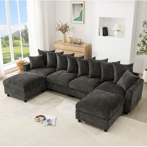 Sofá esquinero modular de 6 plazas en U o L con 2 pufs, USB y Type-C, chenilla gris DESVIAE (1/5)