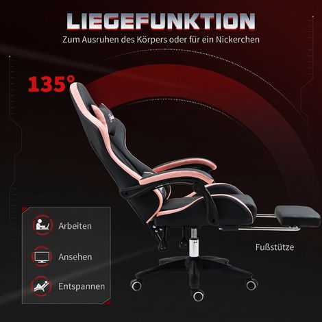 Fauteuil de bureau, chaise gaming, 1 appui-tête, 1 support lombaire, Rose + Noir (1/4)
