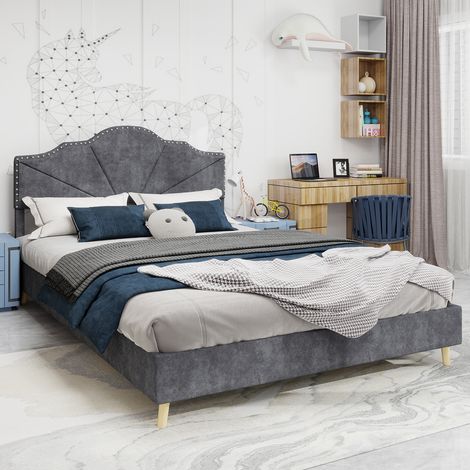 REDOM Lit double 140x200 cm tête de lit rembourrée design tissu et métal cadre bas gris (Sans matelas) (1/5)