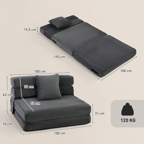 Fauteuil de sol Cloud 2-en-1 sans armature, convertible en chaise pliante, housse en velours côtelé, coussin de soutien lombaire inclus, gris anthracite (1/5)