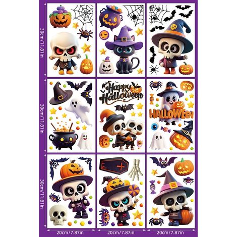 W022 DEHOBO Autocollants statiques d'Halloween, squelettes style chibi et chats noirs cartoon, lot de 9 pièces (1/2)