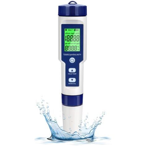 Appareil portable 5 en 1 de mesure de la qualité de l'eau, pH-mètre haute précision pour la mesure du pH, de la salinité, de la température, du TDS et de la CE, avec écran rétroéclairé, étanche IP67