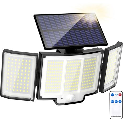Lampes solaires d'extérieur avec détecteur de mouvement, 348 LED 6 500 K avec télécommande, étanche IP65, 3 têtes de sécurité (1/4)