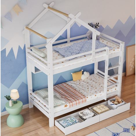 Cama infantil 90x200 con cajones y estantes blanca OKMYHOME (1/5)