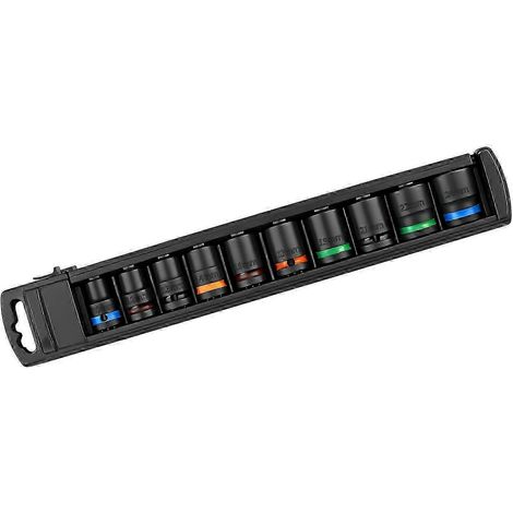 Coffret de 10 douilles métriques pour réparation, douilles à impact profondes 1/2 pouce avec ouverture à 6 pans, construction en acier allié et rangements sur rails multicolores (1/3)