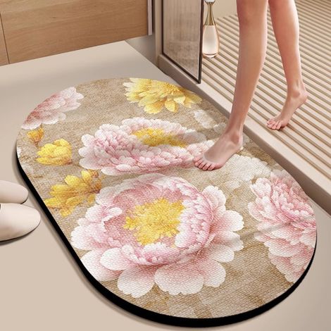 Tapis de bain en terre de diatomée luxueux – Forme ovale irrégulière, ultra-absorbant, antidérapant et résistant à la saleté & l’usure – Dimensions 40 x 60 cm – Motif floral subtil-lsw