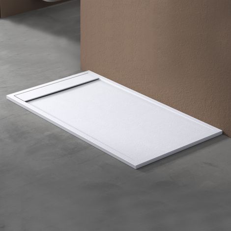 doporro Receveur de Douche à Carreler à Poser en Solid Surface Bac à Douche Rectangulaire Antiglisse Blanc Mat avec Bonde AL06 Design Geoma10 90x160x3cm (1/5)