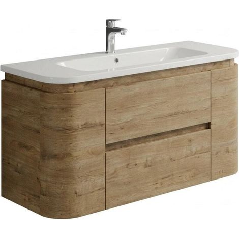 Naturel Shelley 119x50x45 cm armoire de salle de bain 2 tiroirs avec lavabo en marbre coulé, coloris chêne mat (SHELLEY120OAK)