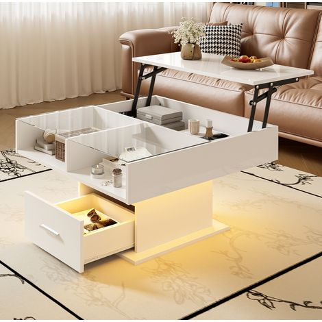 Mesa de centro elevable de aglomerado blanco 78x78 cm con LED, altura regulable y almacenaje (1/5)
