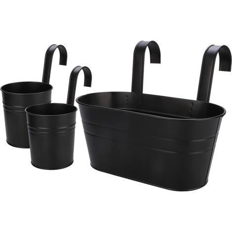Pot de Fleurs Suspendu Style Rustique [Lot de 3] - Petit Tonneau Fer Noir/Blanc 22.5x12cm pour Décoration Maison & Balcon
