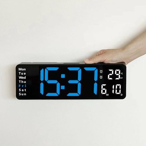 Horloge numérique murale grande – Affichage LED lumineux à luminosité réglable – Coque noire et bleu glacier – Installation facile