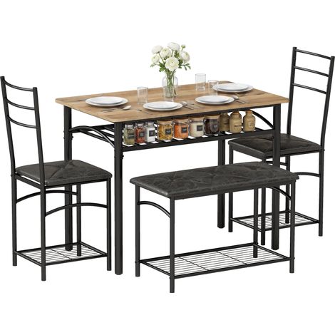 Ensemble de salle à manger 4 pièces, table de cuisine de style industriel avec 2 chaises et une banquette pour 4 personnes, assises rembourrées en similicuir marron (1/5)