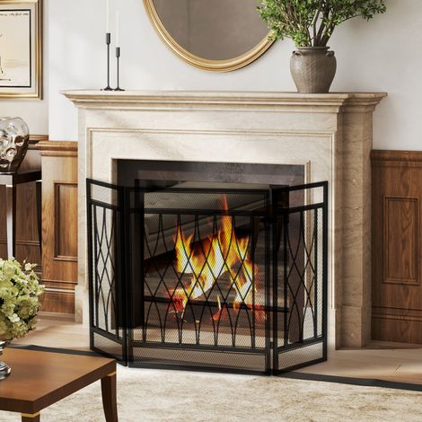 Grille pare-feu cheminée 3 panneaux pliables - Barrière sécurité anti-étincelles pour insert ou poêle à bois - Écran large en métal noir, protection foyer (1/5)