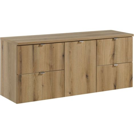 Set da bagno VANO in rovere 140cm: mobili sotto lavabo con cassetti e cesto porta biancheria integrato + piano per lavabo