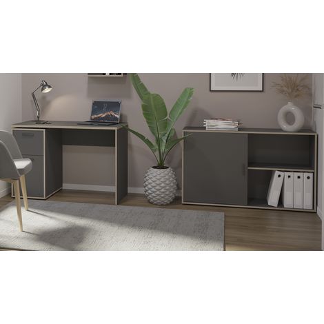 Büromöbelset, Schreibtisch und Schiebetürenkommode, anthrazit mit Eiche-Kante, EMPOLI-10 (1/5)