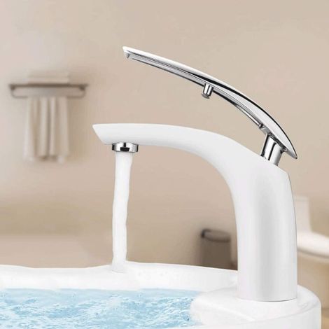 Blanc Robinet de Salle de Bain Blanc Mitigeur Lavabo Salle de Bain Mitigeur Monocommande Salle de Bain Mitigeur Eau Froide et Chaude Style Moderne Élégant (1/5)