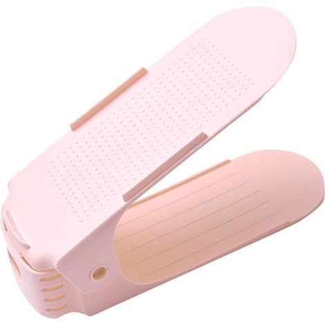 Rangement De Chaussures Double Étage Rack en Plastique Adjustable 10x25x8cm 4 Positions Pink Antidérapant Aération avec Poignée