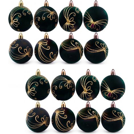 Set 16 Palline Natale Velluto Verde Scuro sfere da 6 cm con Ricami Dorati per Albero di natale ghirlande decorazioni casa e lavoro addobbi sfere particolari ed eleganti (1/5)