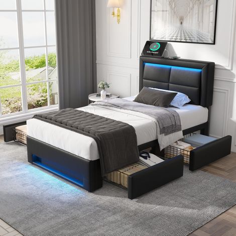 MEUBLIV Cama 90x200 cm negra con LED, USB y 4 cajones, sin colchón (1/5)