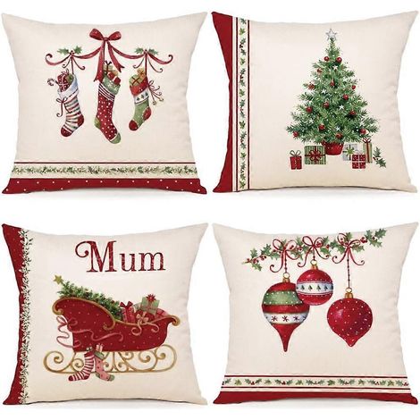 Lot de 4 housses de coussin décoratives de Noël 45x45 cm en coton et lin, idéales pour la chambre, le salon ou le coin repas. (1/5)