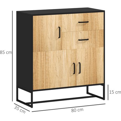 Buffet moderne avec 3 portes et 2 tiroirs, meuble multifonctionnel en aggloméré et acier, 80 x 35 x 85 cm, coloris noir et bois. (1/5)